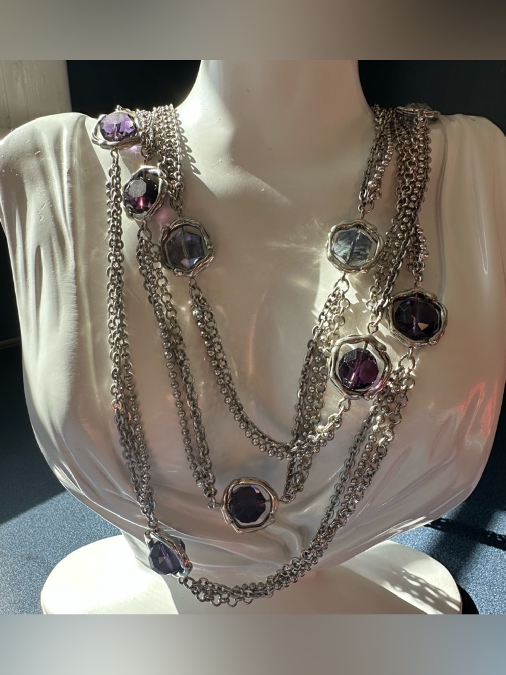 Purple Long Round Stones Vintage-Style Multi-Strand Silver Tone Necklace